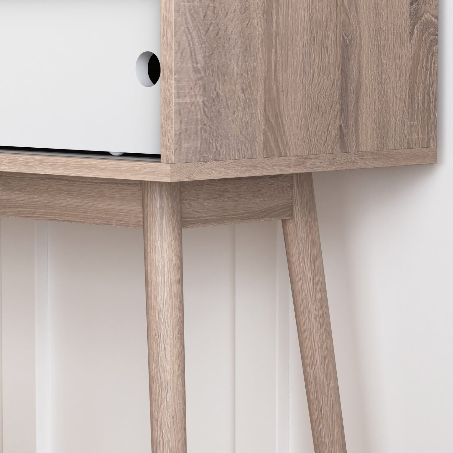 Table with 2 White Sliding Doors, Console Table with Storage Space and Wood Legs