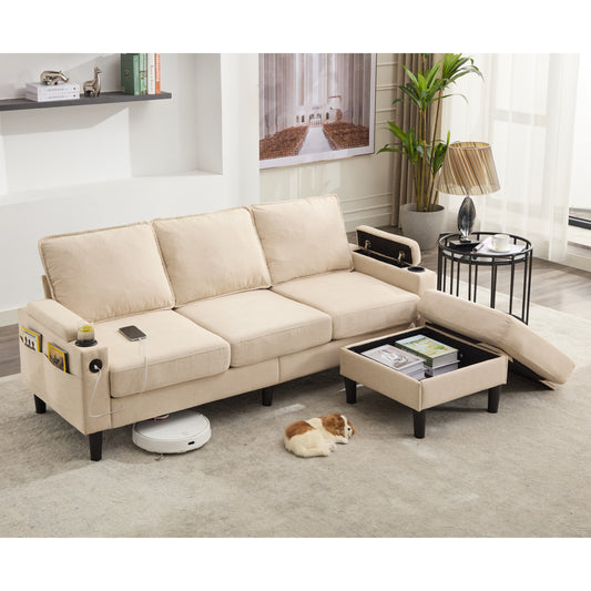 beige color knock down 3-seat combo sofa with storage ottoman