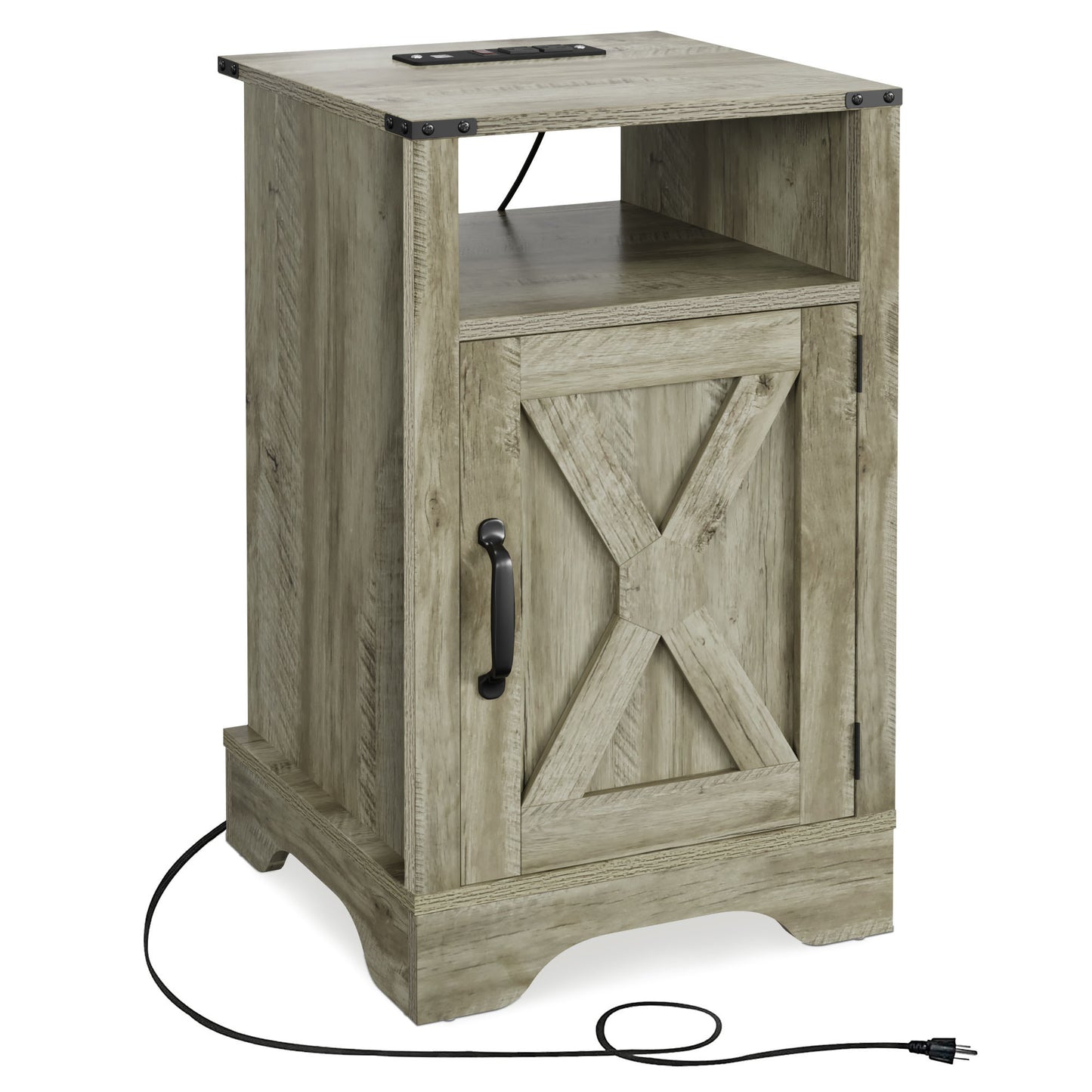 Nightstand Side Table, Wooden Rustic End Table, Tall Bedside Table with Electrical Outlets Charging Station  - Light Grey