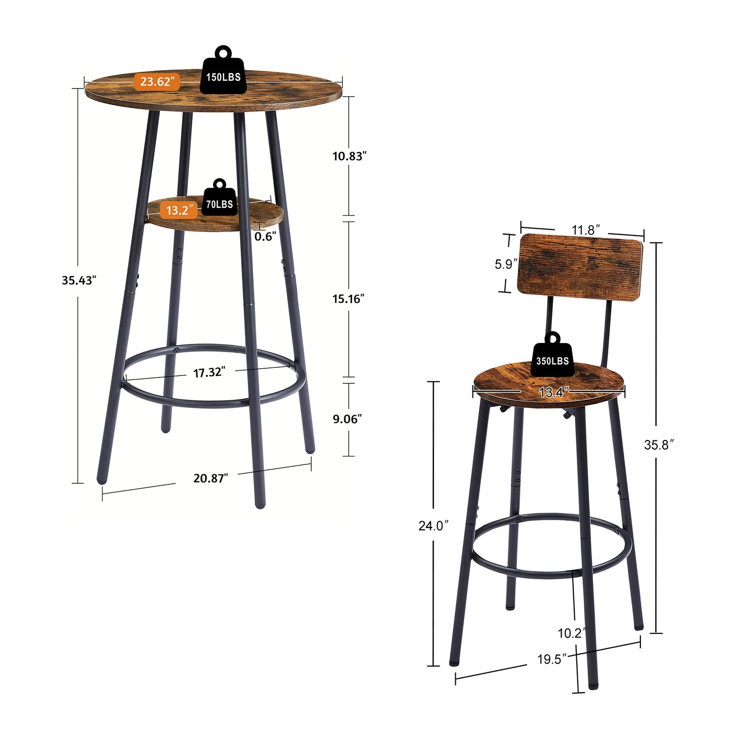 Round bar stool set with shelves, stool with backrest Rustic Brown