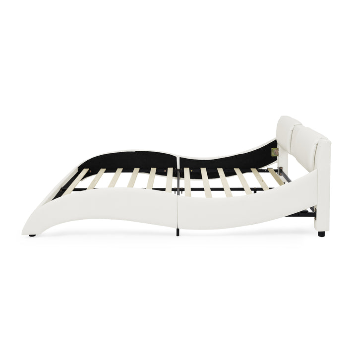Queen Bed Frame Modern Faux Leather Upholstered Platform Bed Frame with and Headboard ,White