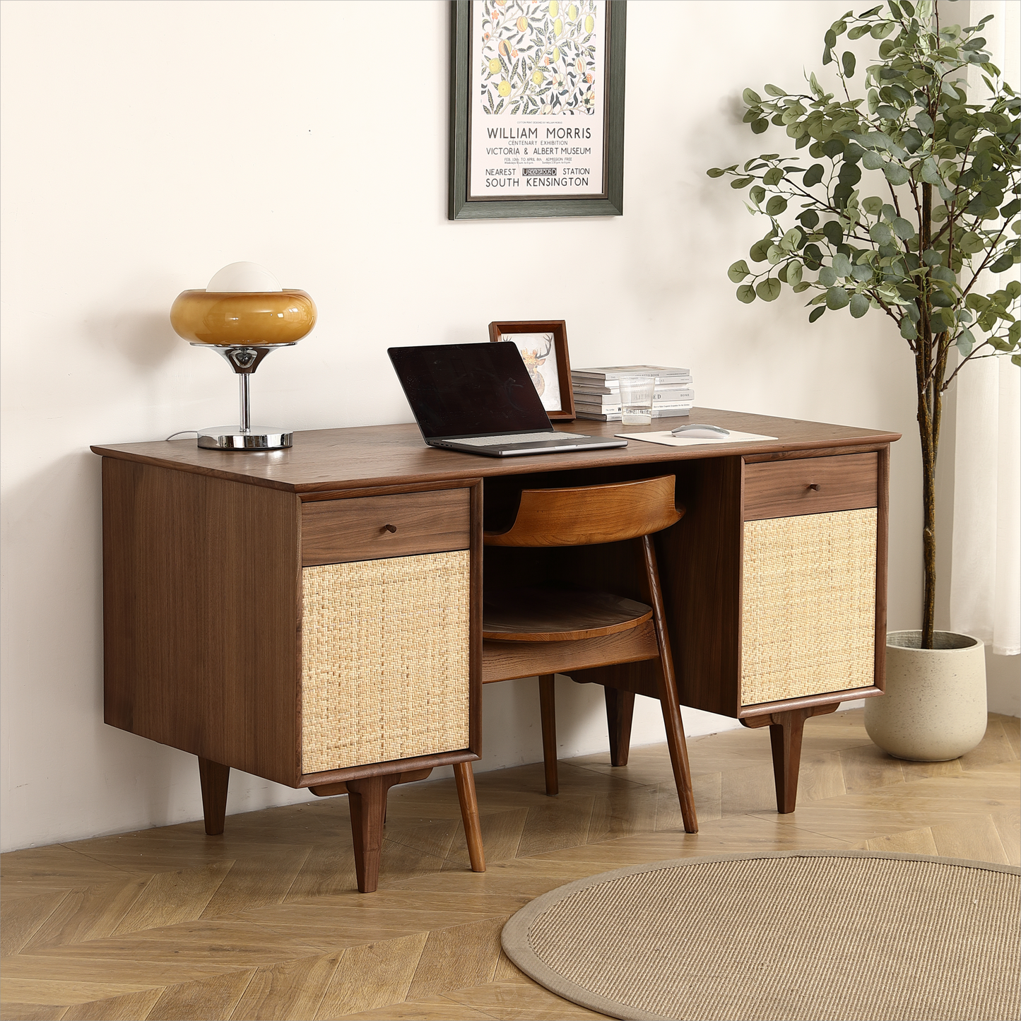 Black Walnut Desk with Natural Rattan Net -  57.09 inch