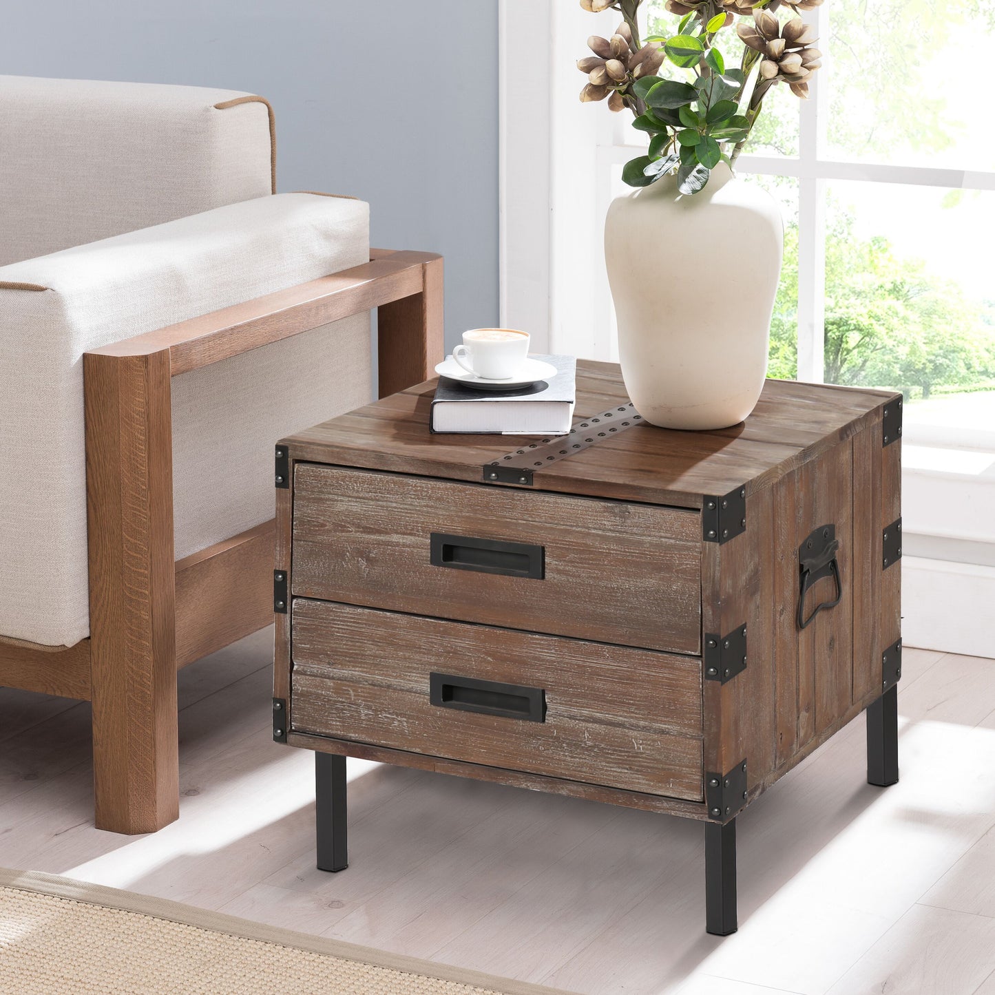 Antique Reclaimed Wood Gray Trunk Table And Side Table