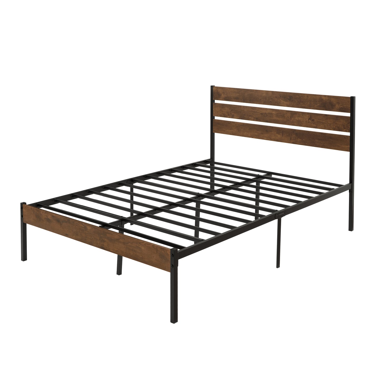 Full Size Bed Frame with Wood Headboard No Box Spring Needed-Brown.