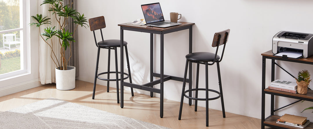 Bar Table Set with 2 Bar stools PU Soft seat with backrest, Rustic Brown