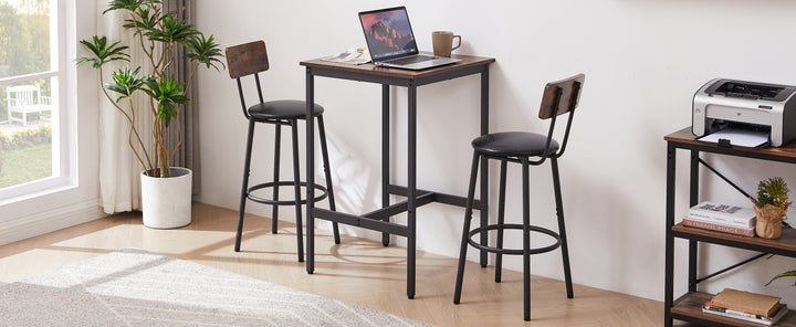 Bar Table Set with 2 Bar stools PU Soft seat with backrest, Rustic Brown