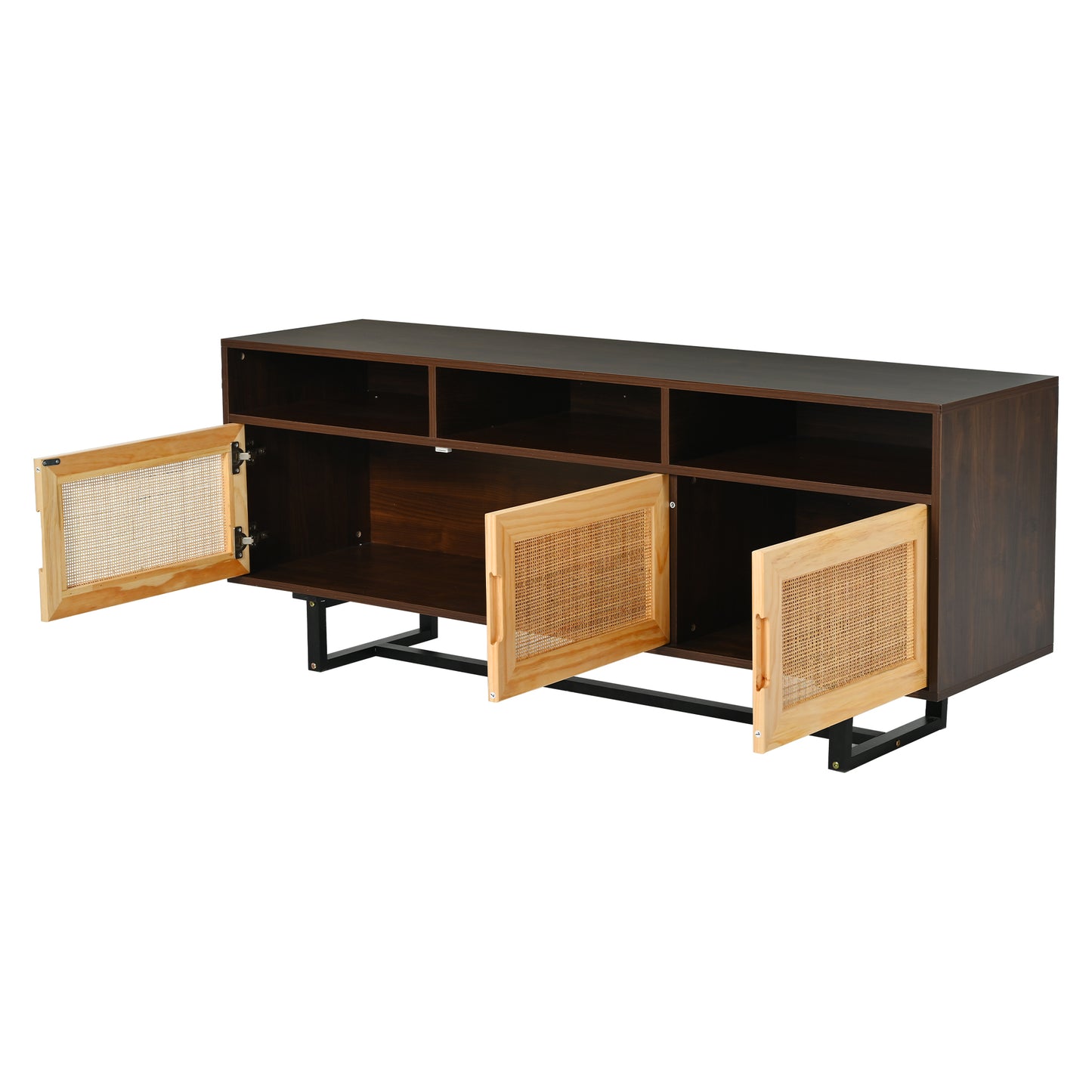 TREXM Retro Rattan TV Stand 3-door Media Console with Open Shelves for TV Stand under 75''(Walnut)