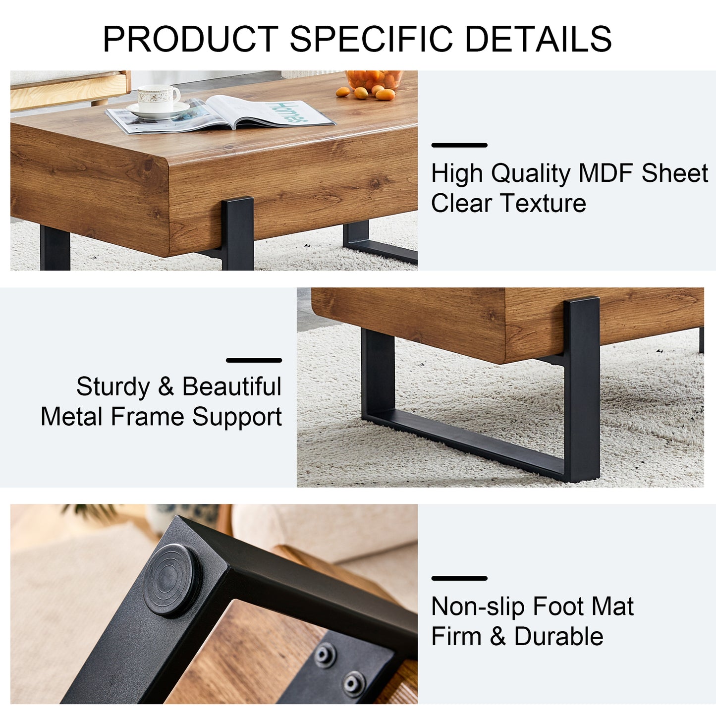 Rustic MDF Coffee Table with Metal Legs - Natural Wood Tone Elegance for Your Space