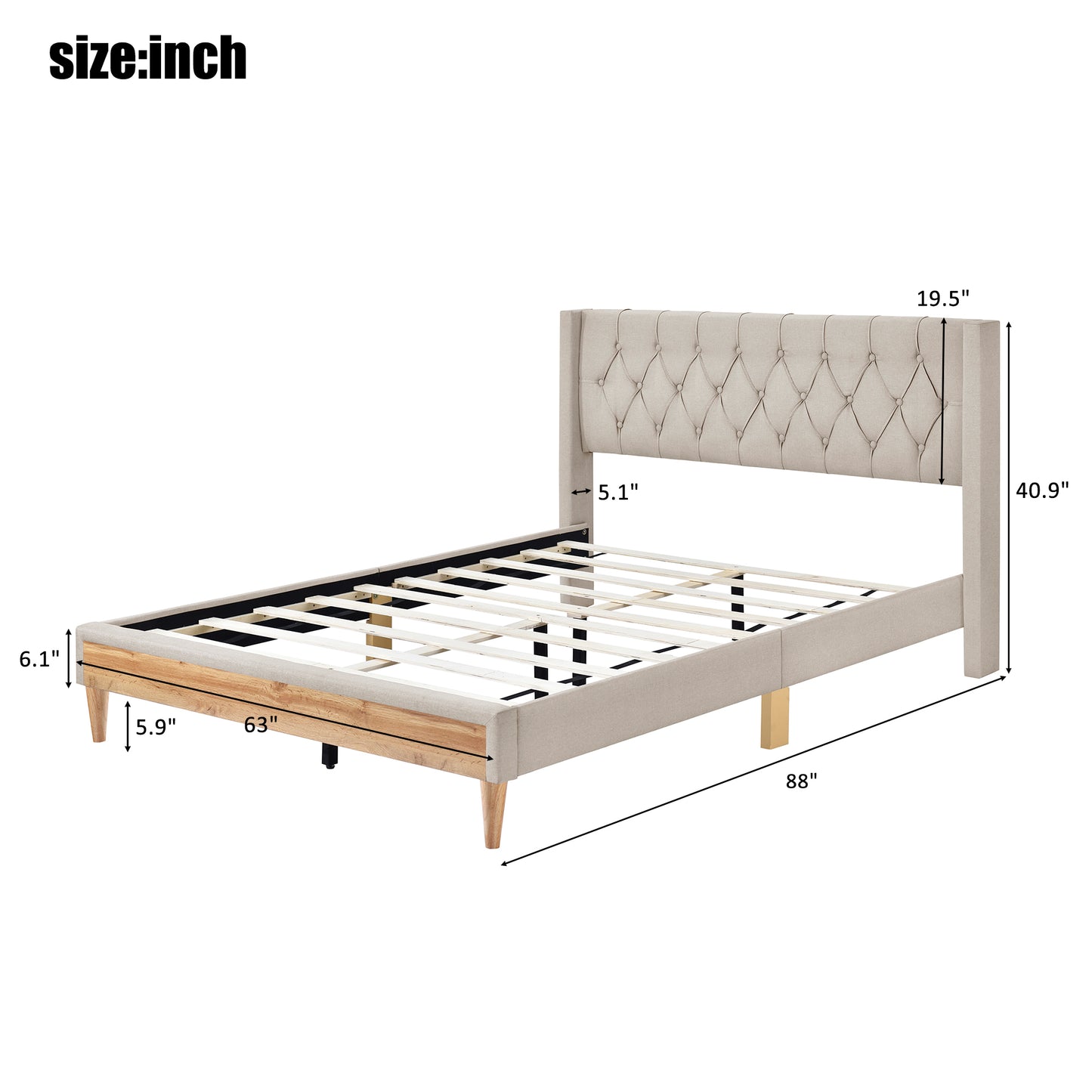 Platform Bed with Rubber Wood Legs,No Box Spring Needed-Beige