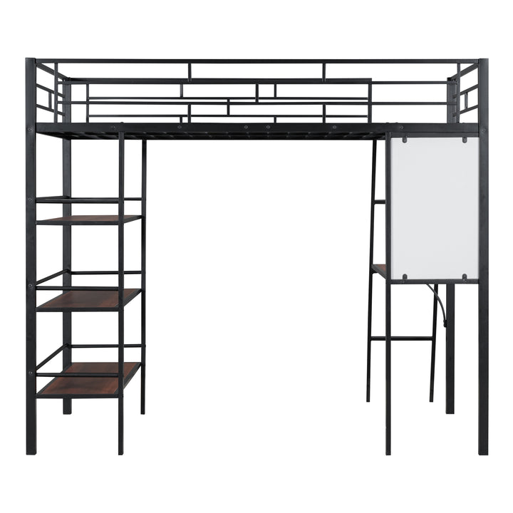 Twin Size Loft Metal Bed with 3 Layers of Shelves and Desk, Stylish Metal Frame Bed with Whiteboard, Black