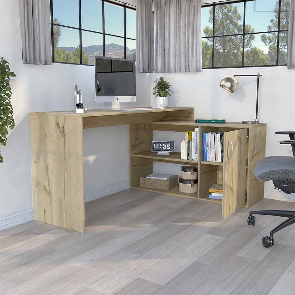 Modern L-Shaped Computer Desk with Open & Closed Storage -Light Oak