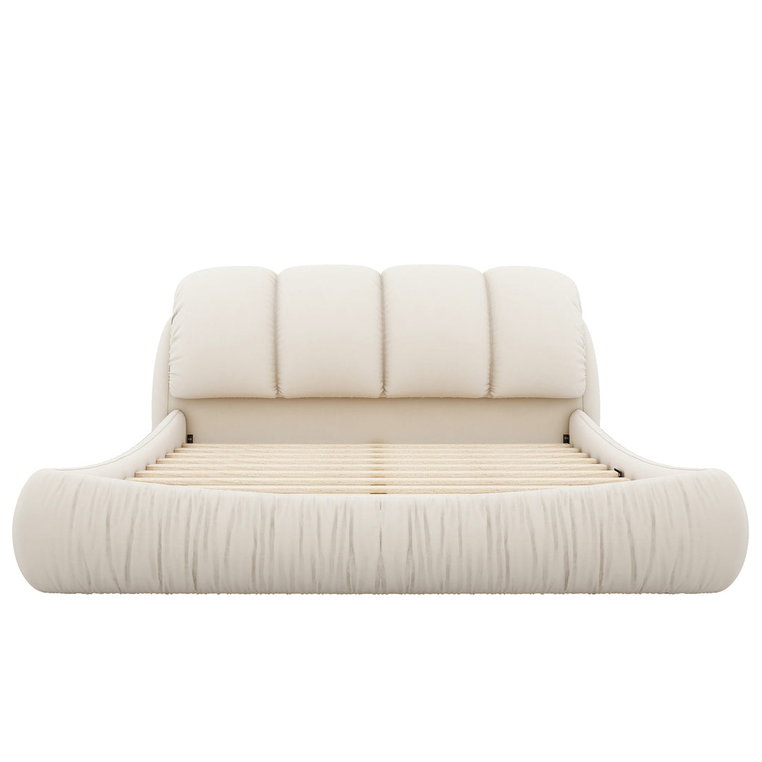 Queen Size Luxury Upholstered Bed With Thick Headboard, Velvet Queen Bed with Oversized Padded Backrest, Beige