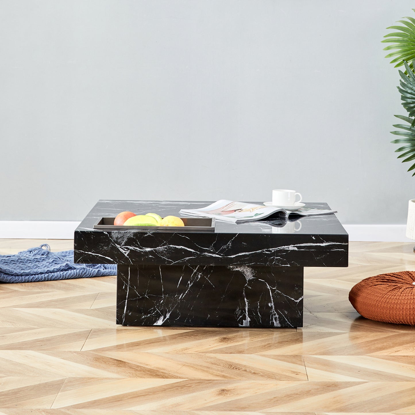 A coffee table made of MDF material with black patterns. 31.4"*31.4"*12"