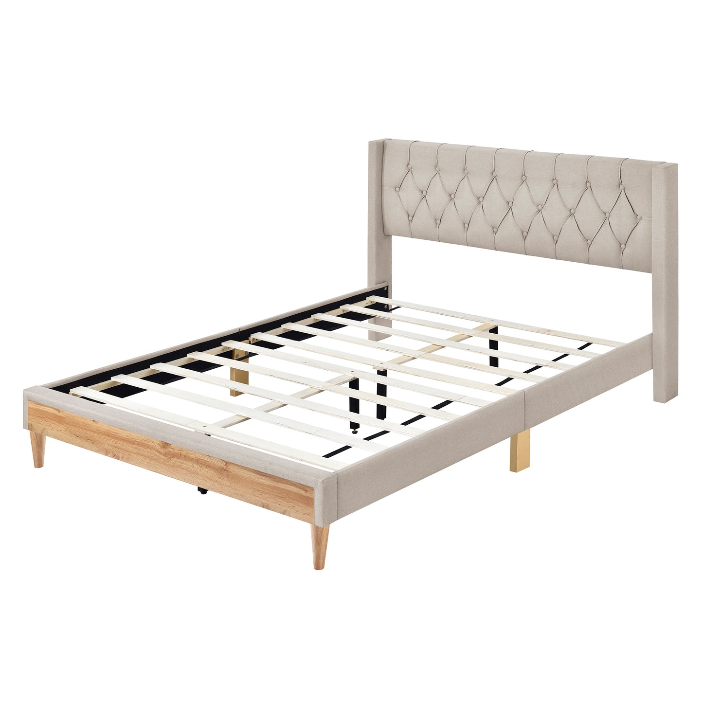 Platform Bed with Rubber Wood Legs,No Box Spring Needed-Beige