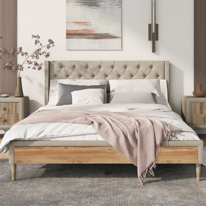 Platform Bed with Rubber Wood Legs,No Box Spring Needed-Beige