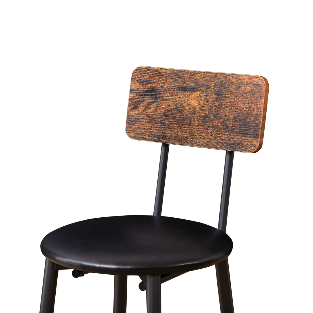 Round bar stool set with shelf, upholstered stool with backrest, Rustic Brown