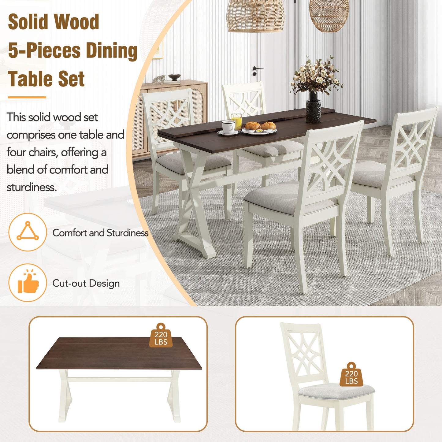 5-Piece 62*35.2inch Extendable Rubber Wood Dining Table Set with X-shape