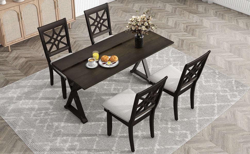5-Piece 62*35.2inch Extendable Rubber Wood Dining Table Set with X-shape Legs