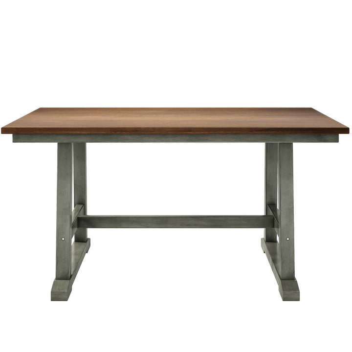 6-Piece Wood Dining Table Set Kitchen Table Set with Long Bench and 4 Dining Chairs, Farmhouse Style, Walnut+Gray