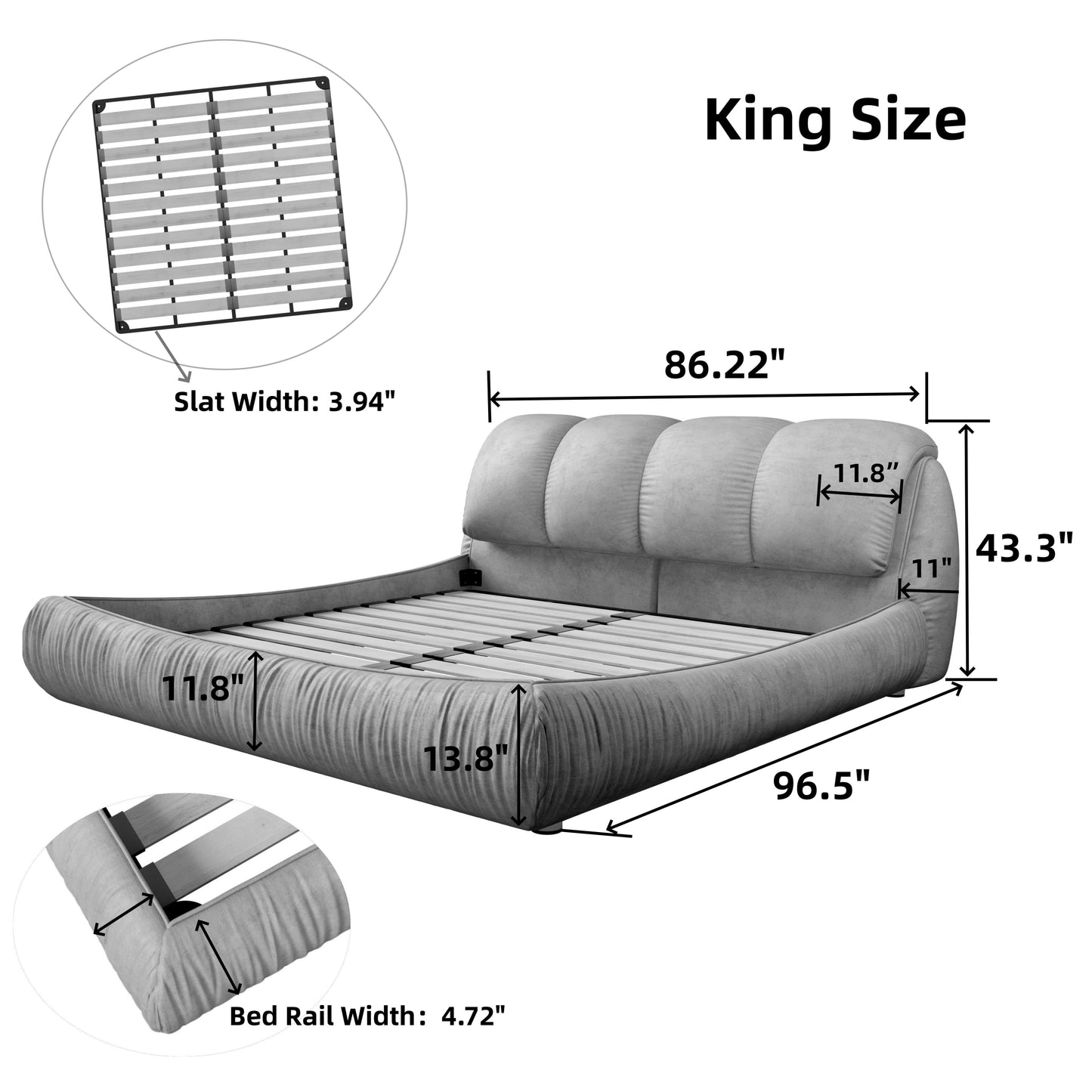 King Size Upholstered Platform Bed with Oversized Padded Backrest, Thickening Pinewooden Slats and Solid Wood Leg,Black