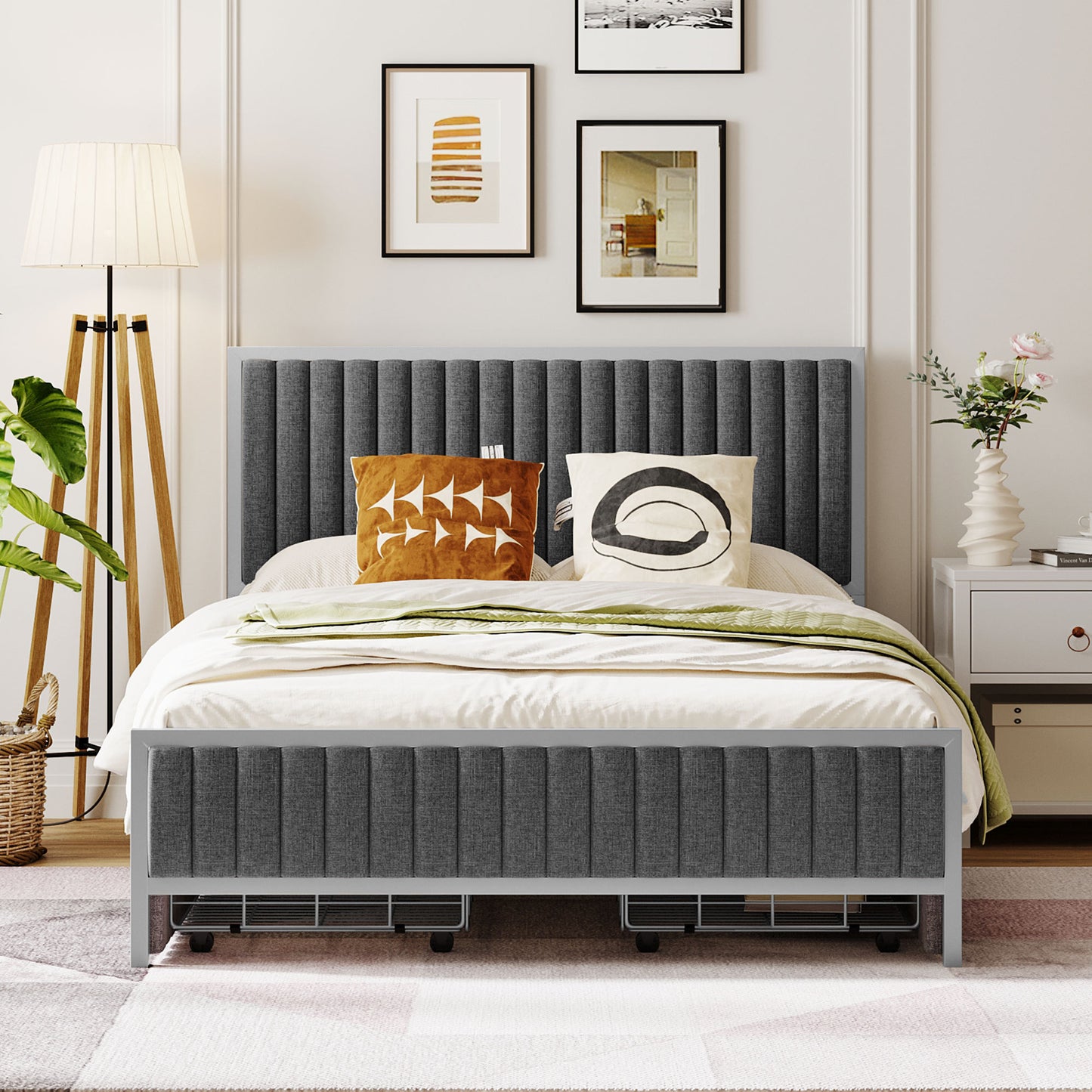 Full Size Metal Frame Upholstered Bed with 4 Drawers, Linen Fabric, Gray