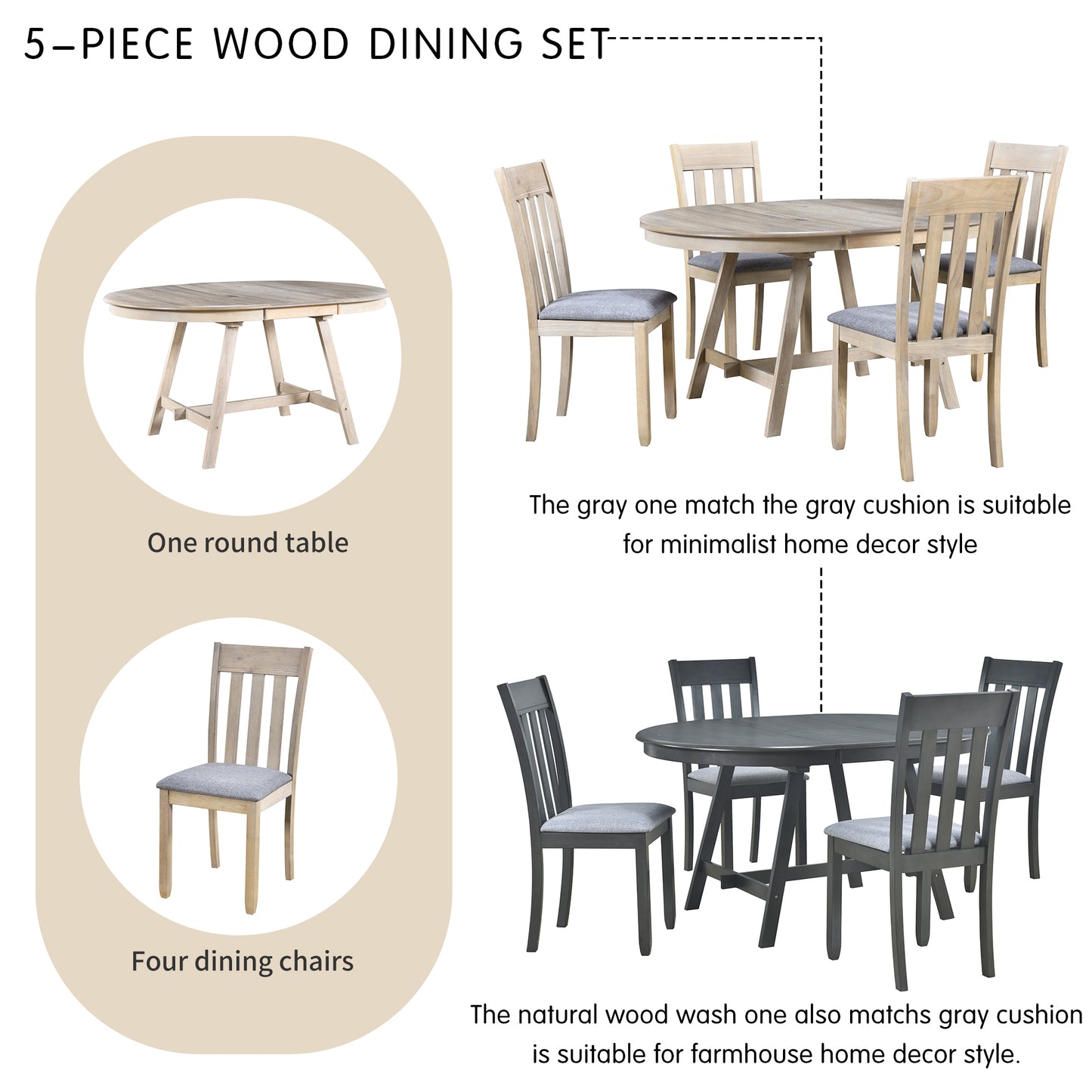 5-Piece Wood Dining Table Set Round Extendable Dining Table with 4 Dining Chairs, Dining Room Table Set for 4 person for Dining Room (Natural Wood Wash)