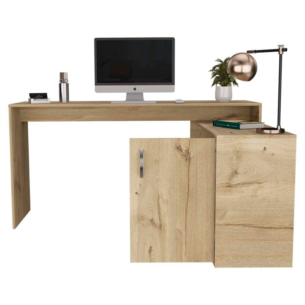 Modern L-Shaped Computer Desk with Open & Closed Storage -Light Oak