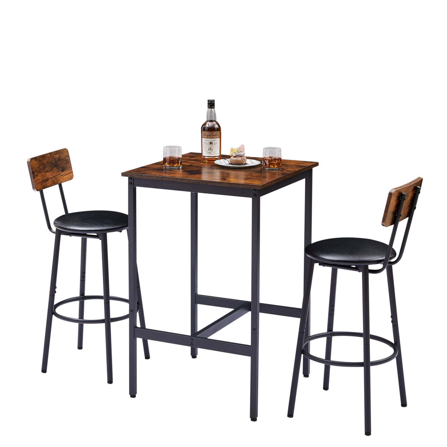 Bar Table Set with 2 Bar stools PU Soft seat with backrest, Rustic Brown