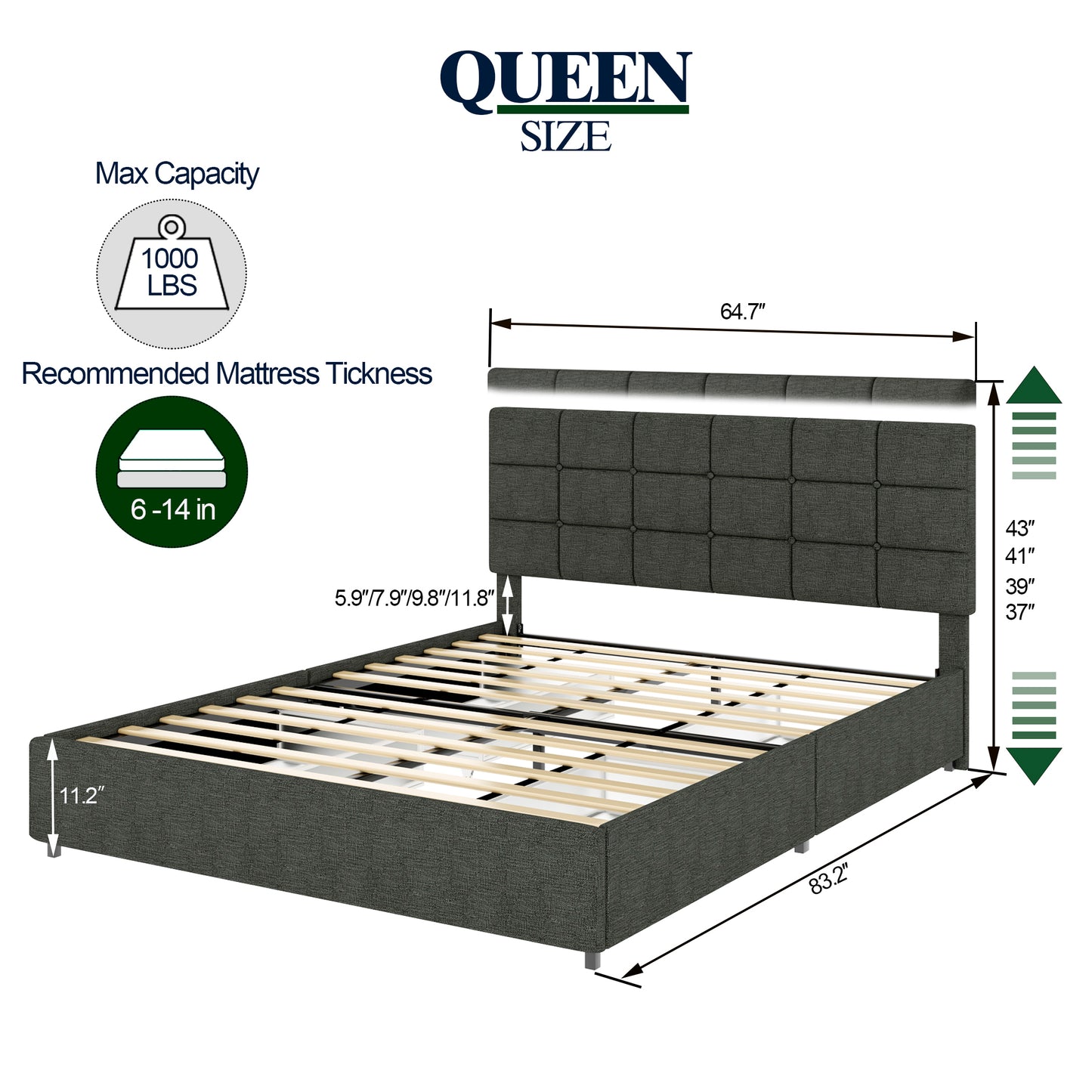 Queen Size Gray Linen Upholstered Platform Bed with Patented 4 Drawers Storage, No Box Spring Required