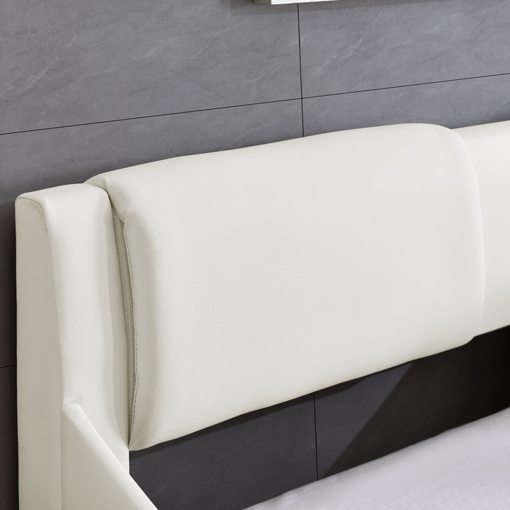 Queen Bed Frame Modern Faux Leather Upholstered Platform Bed Frame with and Headboard ,White