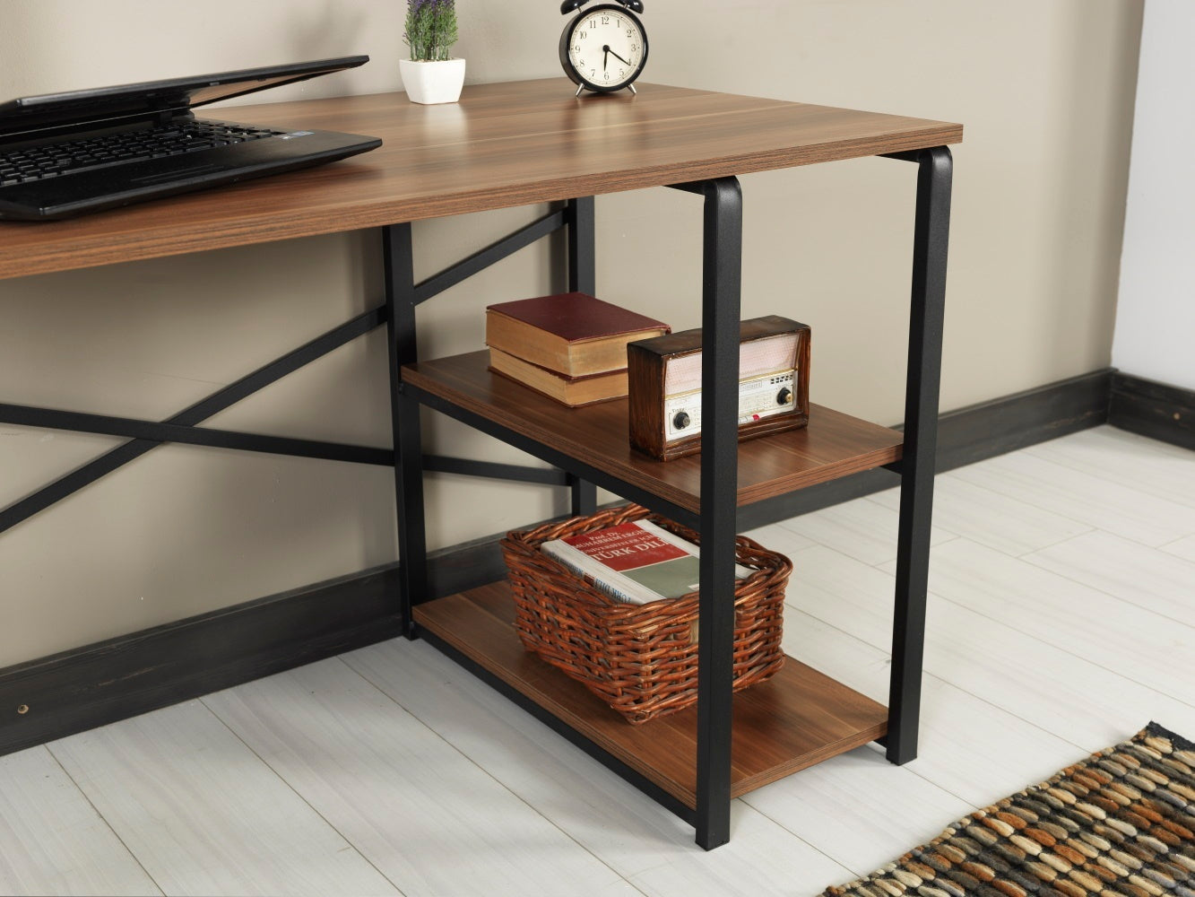 Store Sage Black Metal Frame 47" Wooden Top 2 Shelves Writing and Computer Desk for Home Office, Walnut