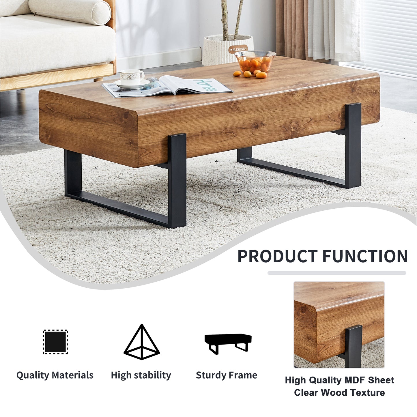 Rustic MDF Coffee Table with Metal Legs - Natural Wood Tone Elegance for Your Space