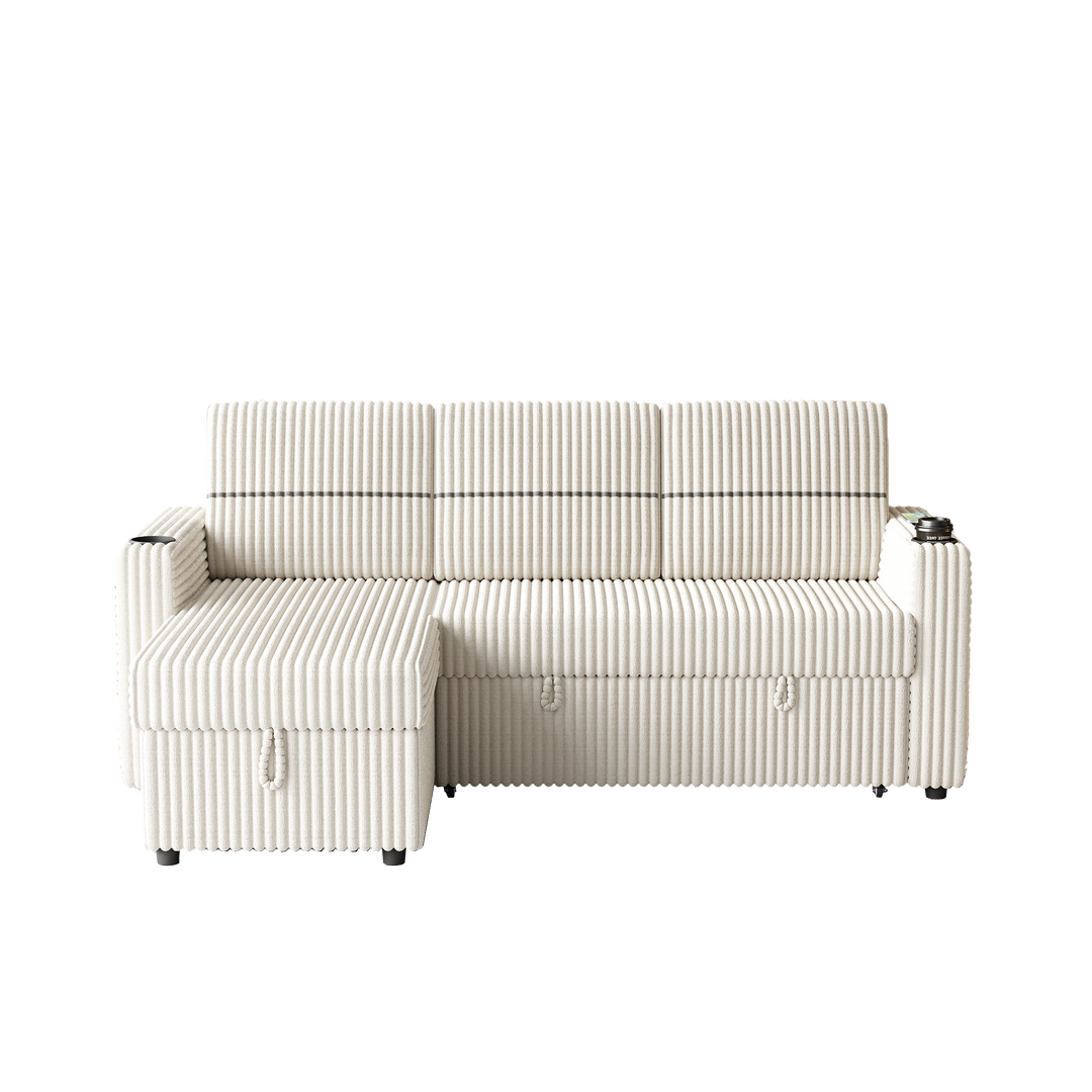 85 Inches Corduroy Sofa Bed With Two Cup-holder And USB Charge Port