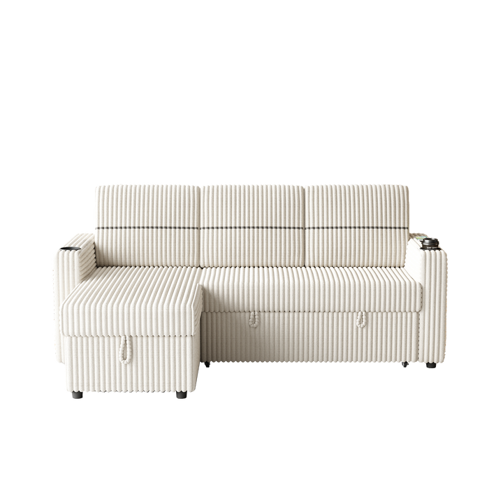 85 Inches Corduroy Sofa Bed With Two Cup-holder And USB Charge Port