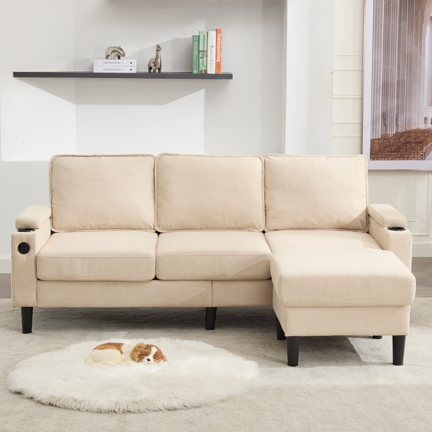 beige color knock down 3-seat combo sofa with storage ottoman