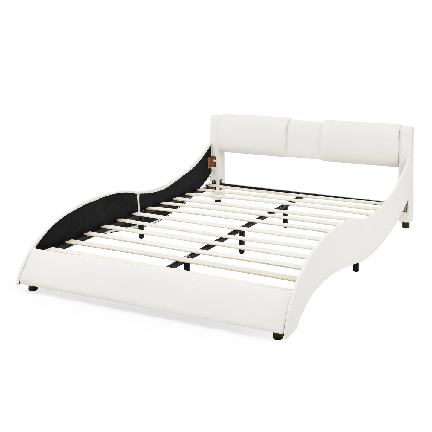 Queen Bed Frame Modern Faux Leather Upholstered Platform Bed Frame with and Headboard ,White