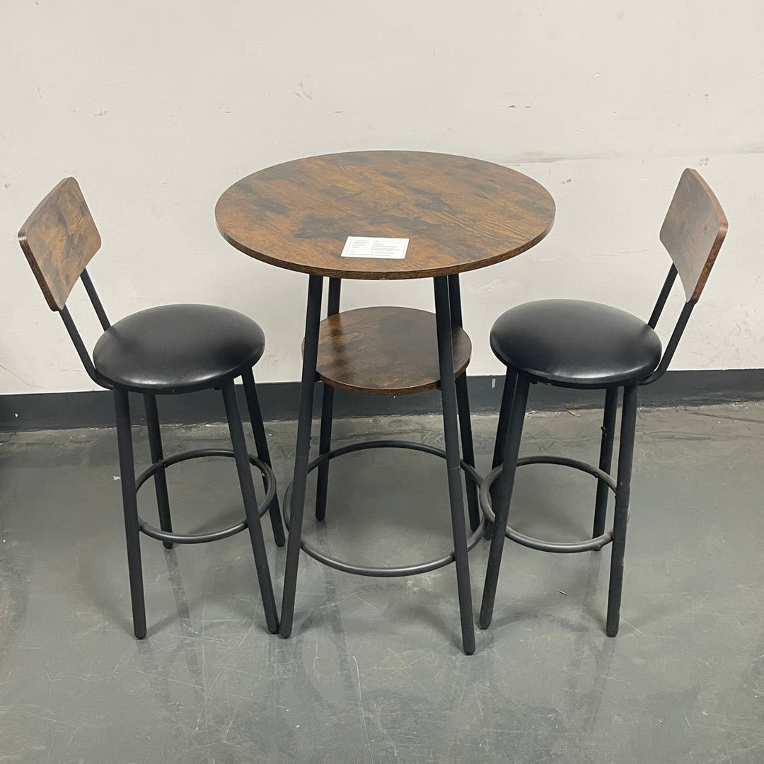 Round bar stool set with shelf, upholstered stool with backrest, Rustic Brown