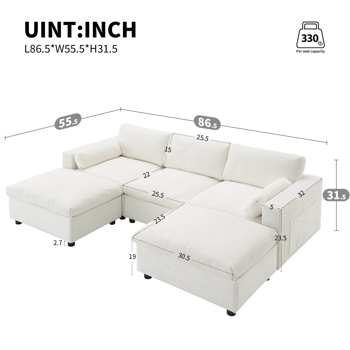 86.5''Chenille Sectional Sofa with Storage Pockets, 5 Seat U Shaped Sleeper Couch Set,2 PIC Free Combination