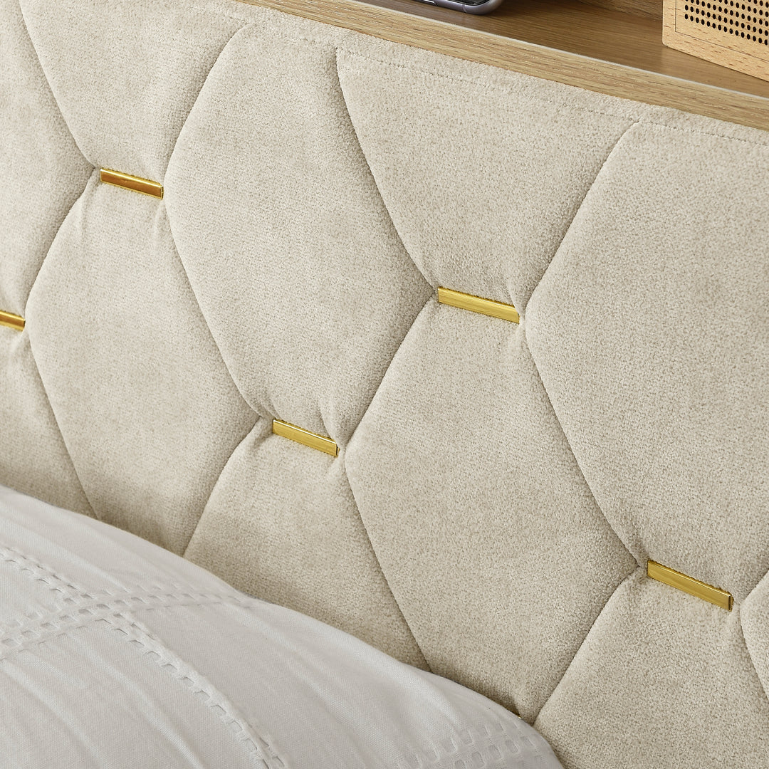 Queen Size Bed Frame, Shelf Upholstered Headboard, Platform Bed with Outlet & USB Ports Beige