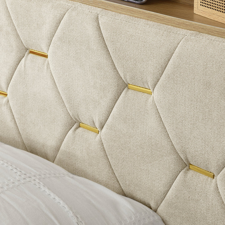 Queen Size Bed Frame, Shelf Upholstered Headboard, Platform Bed with Outlet & USB Ports Beige