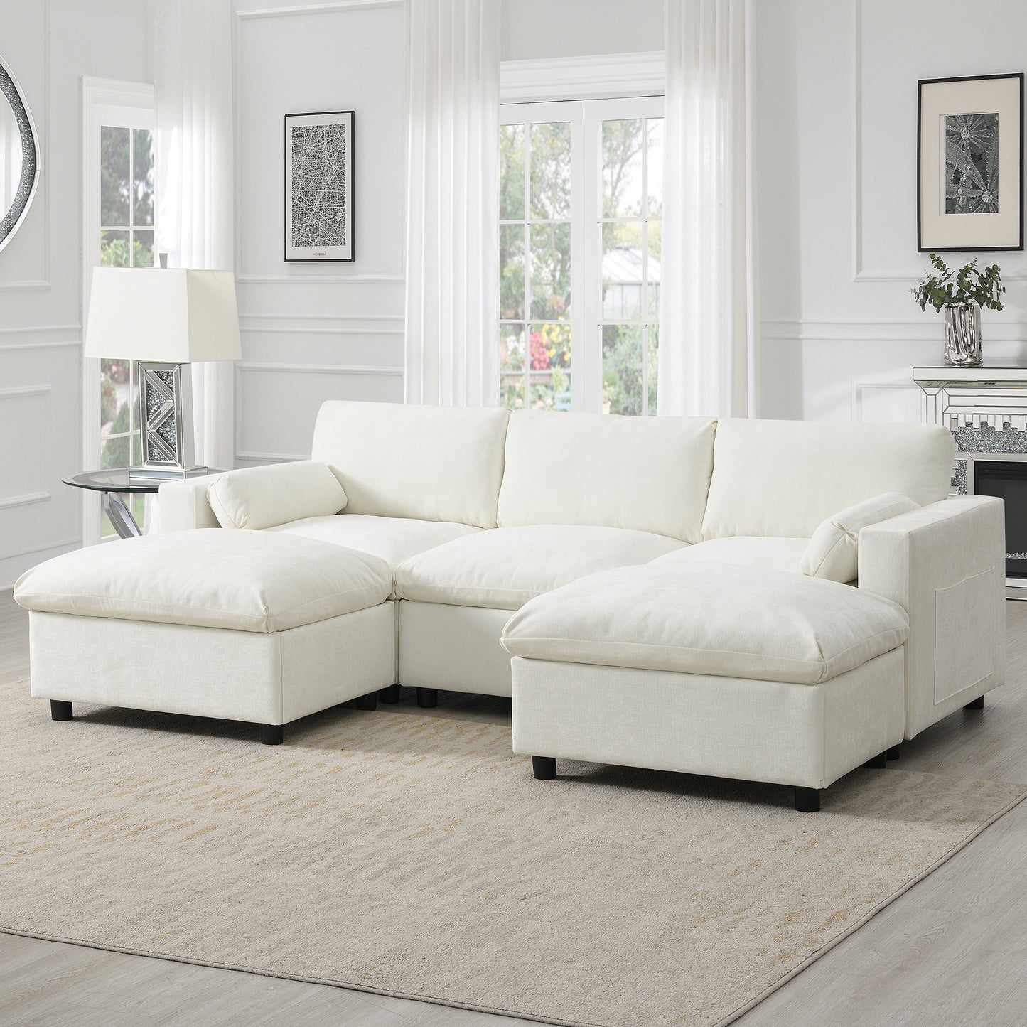 86.5''Chenille Sectional Sofa with Storage Pockets, 5 Seat U Shaped Sleeper Couch Set,2 PIC Free Combination