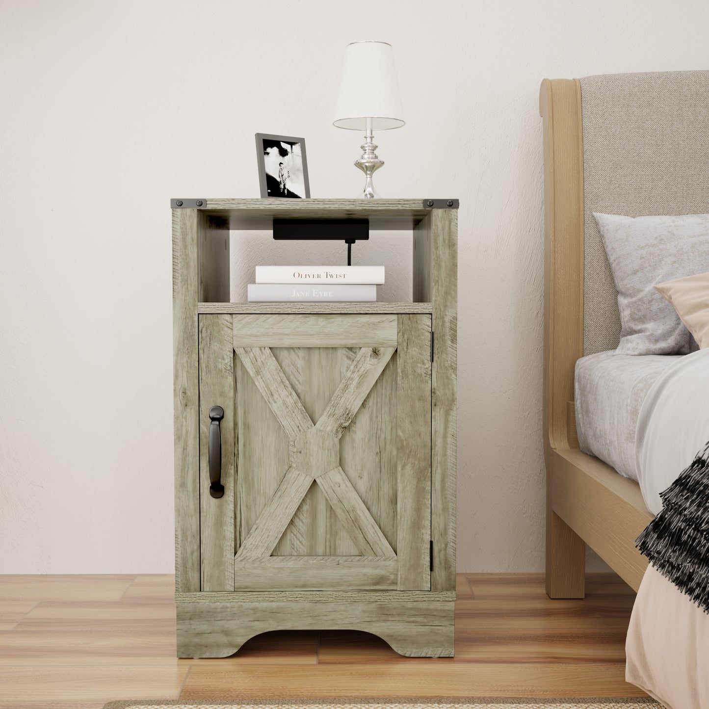 Nightstand Side Table, Wooden Rustic End Table, Tall Bedside Table with Electrical Outlets Charging Station  - Light Grey