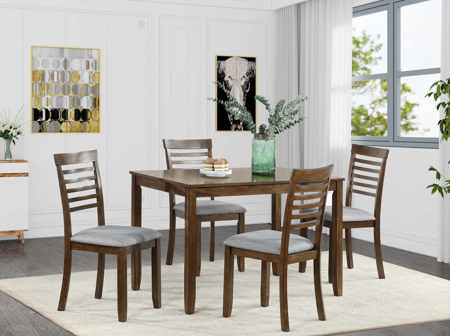 5 Piece Modern Dining Set, Rectangular Wooden Dining Table with 4 Upholstered Chairs for Kitchen, Dining Room, Walnut