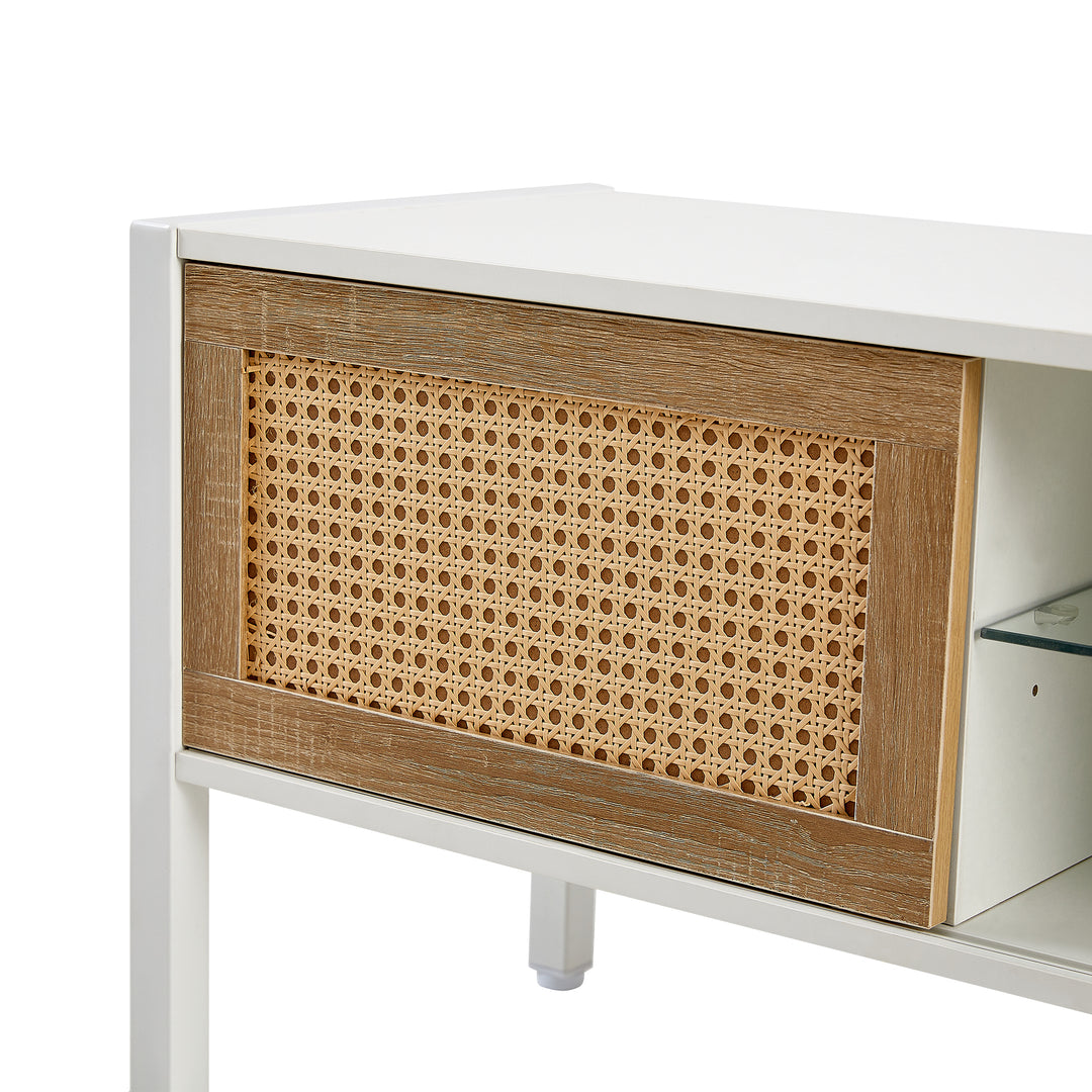 54.33" Rattan TV cabinet with variable color light strip, double sliding doors for storage