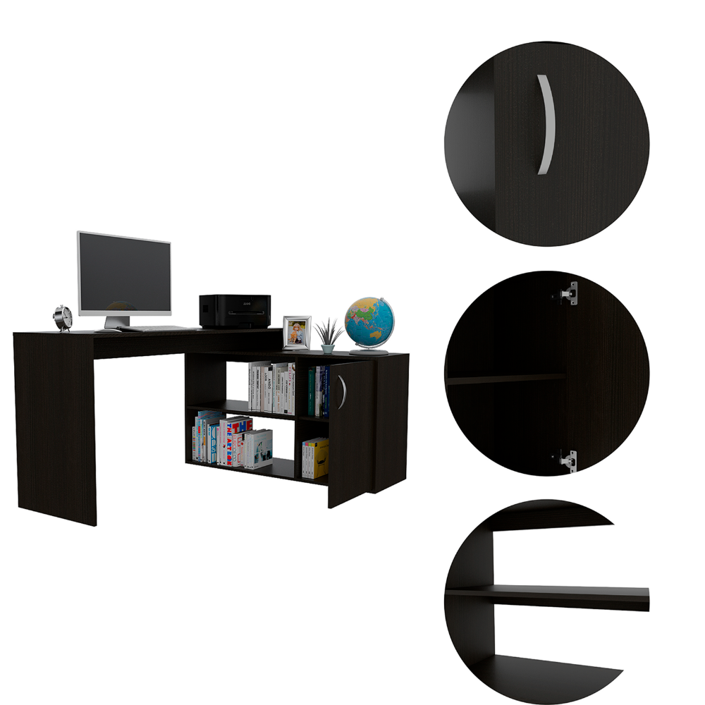 Modern L-Shaped Computer Desk with Open & Closed Storages -Black