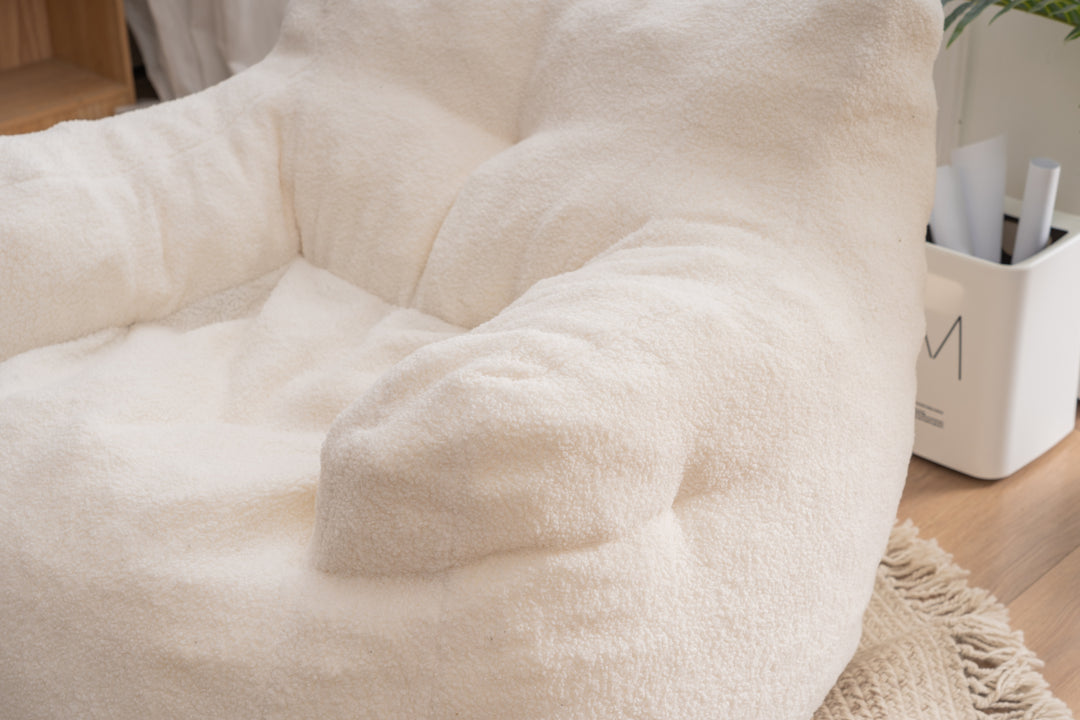 Soft Teddy Fabric Tufted Foam Bean Bag Chair With Teddy Fabric Ivory White