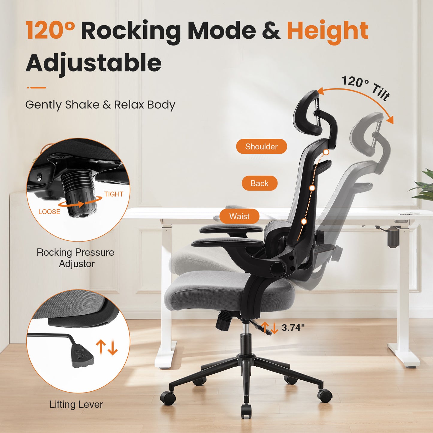 High Back Desk Chair with Adjustable Lumbar Support & Headrest, Adjustable Height and 120°Tilt,gray