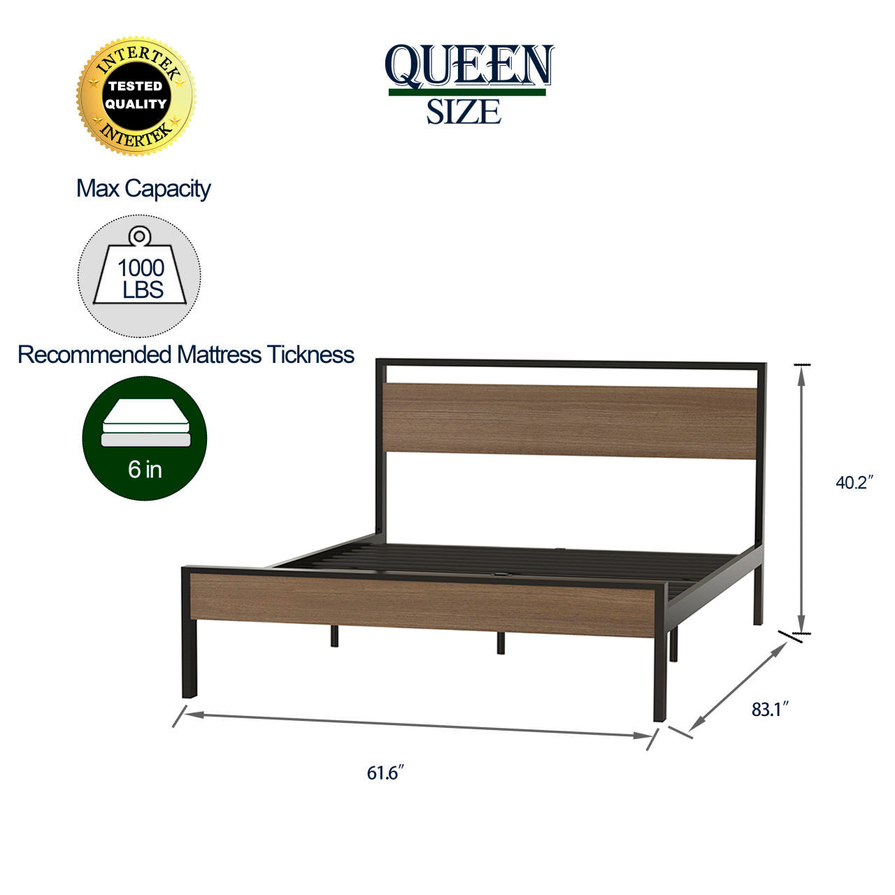 Metal Bed, Black with Cinnamon Wood Headboard & Footboard, Queen