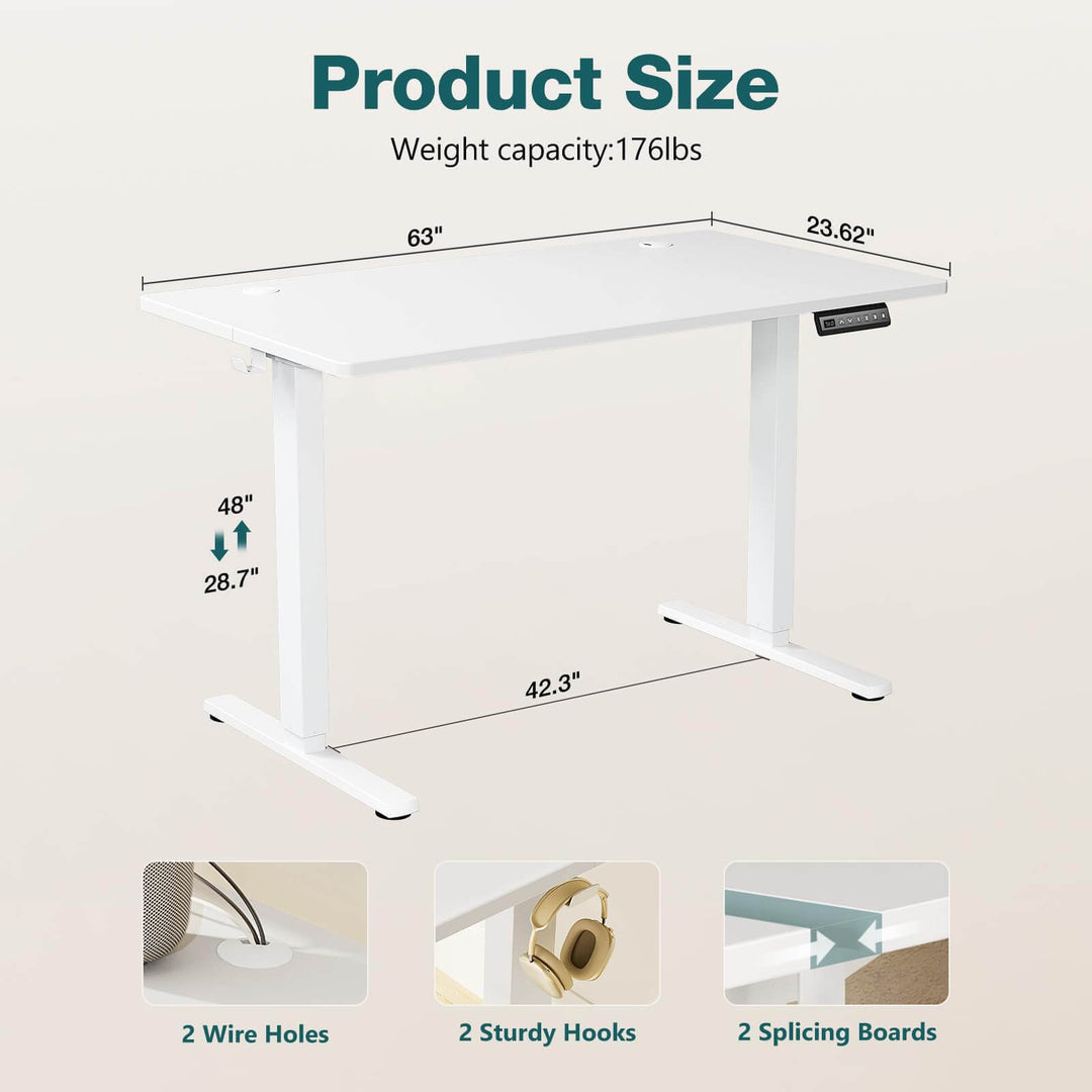 Electric Height Adjustable Standing Desk,White,63'' x 24"