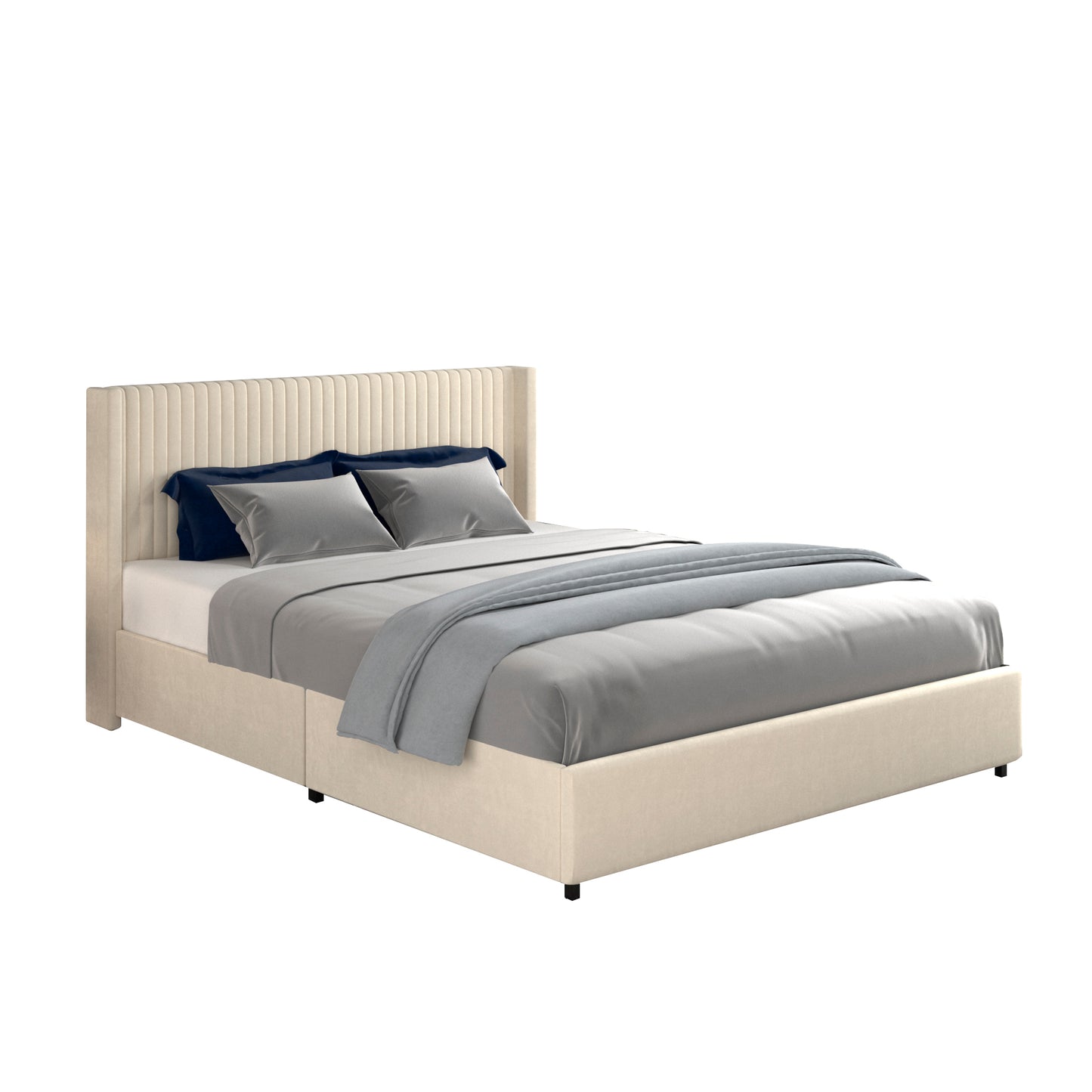 Queen Size Ivory Velvet Upholstered Wingback Platform Bed with Patented 4 Drawers Storage No Box Spring Needed